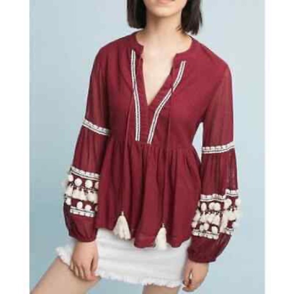 Boho Burgundy Embroidered Peasant Tunic with Tassel Detail